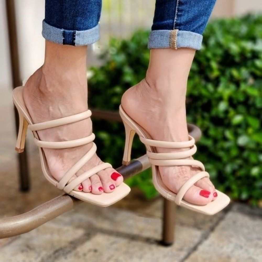 Women's Square Toe Nude Padded Strappy Stiletto Heel Sandals Slip On